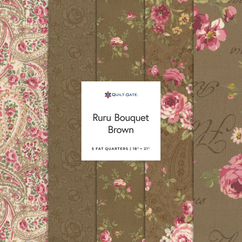 Collage of fabrics featured in the Ruru Bouquet Brown colorway featuring floral and paisley patterns on olive brown fabric.