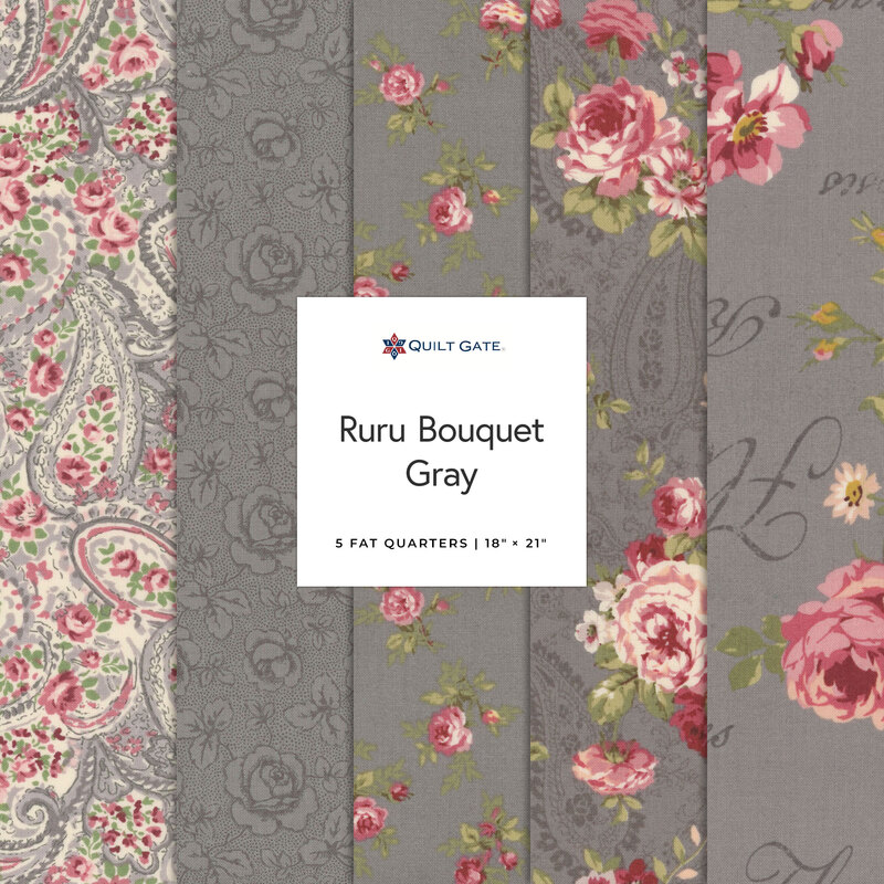 Collage of fabrics featured in the Ruru Bouquet Brown colorway featuring floral and paisley patterns on gray fabric.