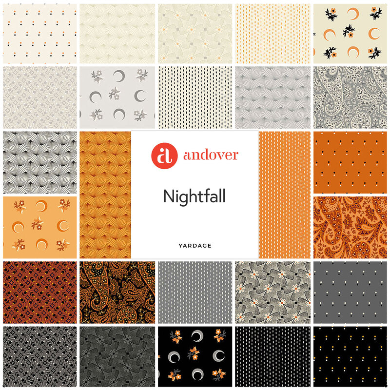 A collage of various fabric patterns in shades of orange, black, white, and gray, labeled Nightfall.