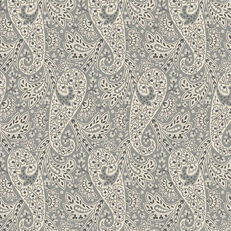Gray fabric with a floral paisley pattern accented with stylized leaves.