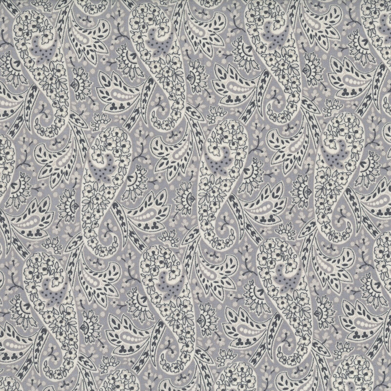 Gray fabric with a floral paisley pattern accented with stylized leaves.