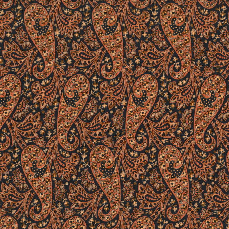 Black fabric with an orange floral paisley pattern accented with stylized leaves.
