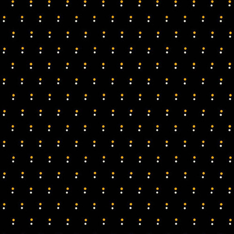 Black fabric with a pattern of evenly spaced dots in orange and white.