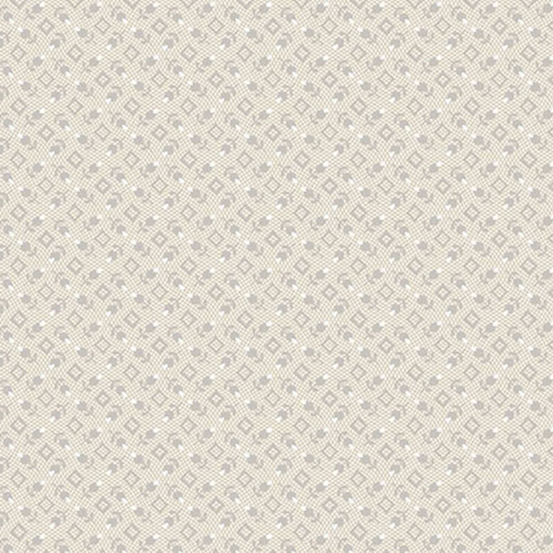 Cream fabric with a tossed pattern of gray florals and geometric diamonds.