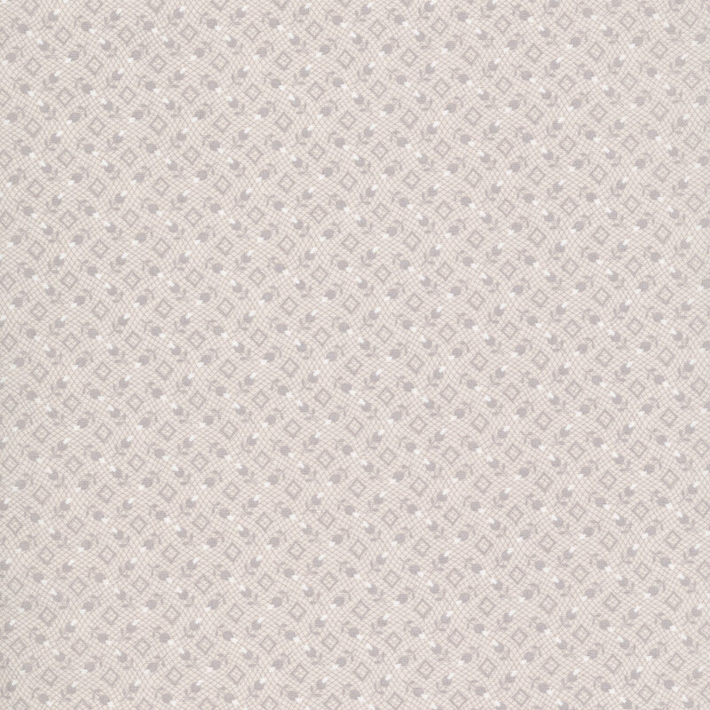 Cream fabric with a tossed pattern of gray florals and geometric diamonds.