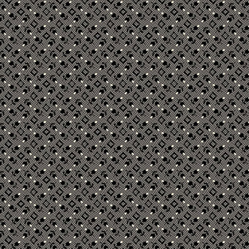 Gray fabric with a tossed pattern of black florals and geometric diamonds.