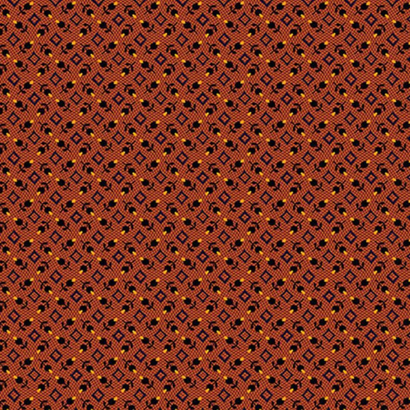 Orange fabric with a tossed pattern of black florals and geometric diamonds.
