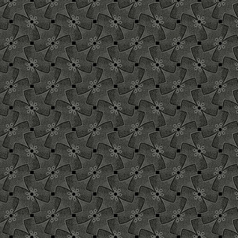 Tonal black fabric with an abstract floral pattern with geometric elements.