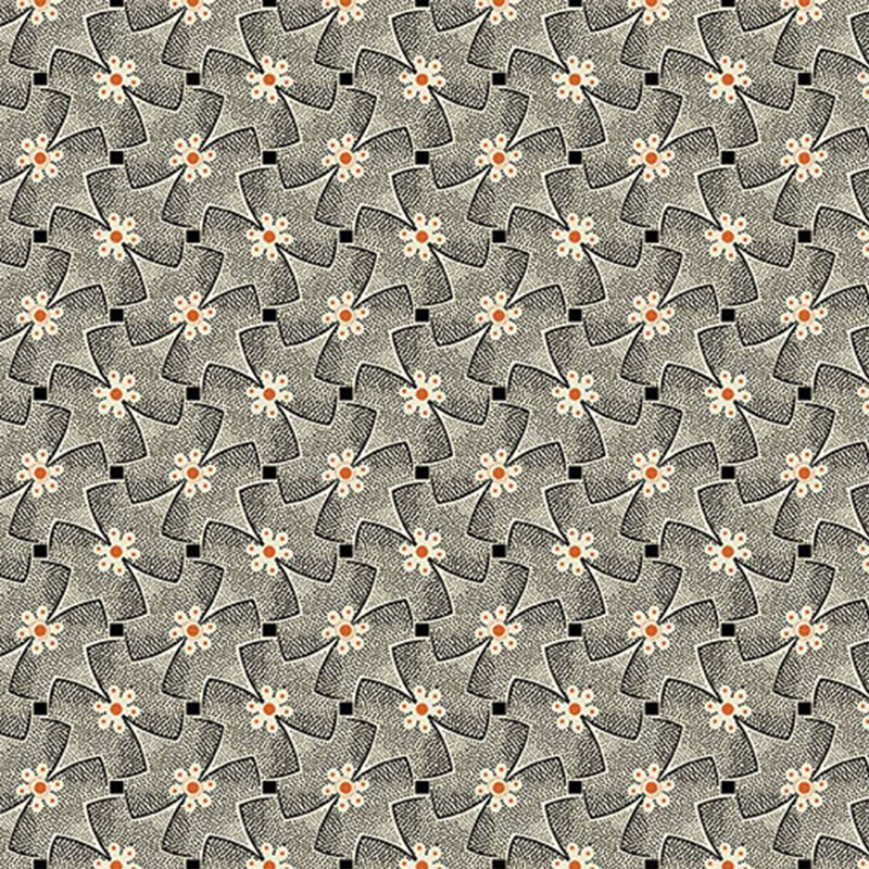 Gray fabric with an abstract floral pattern with geometric elements.