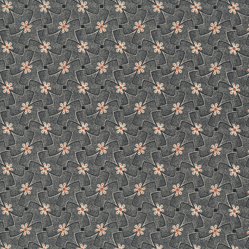 Black fabric with an abstract floral pattern with geometric elements.