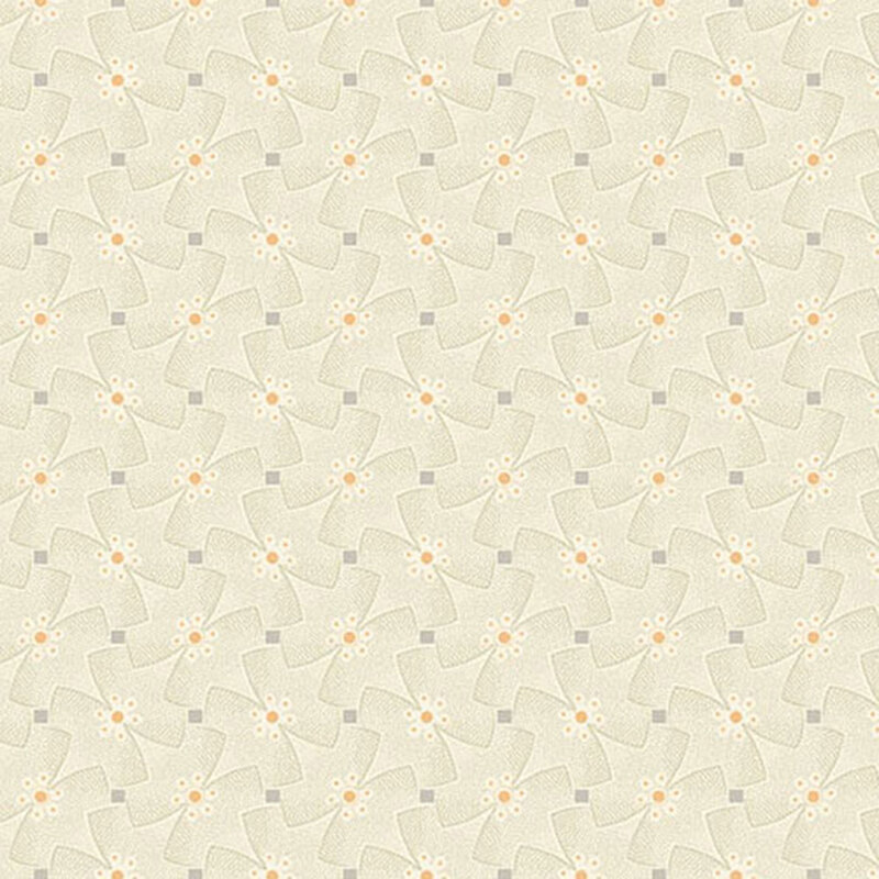 Cream fabric with an abstract floral pattern with geometric elements.