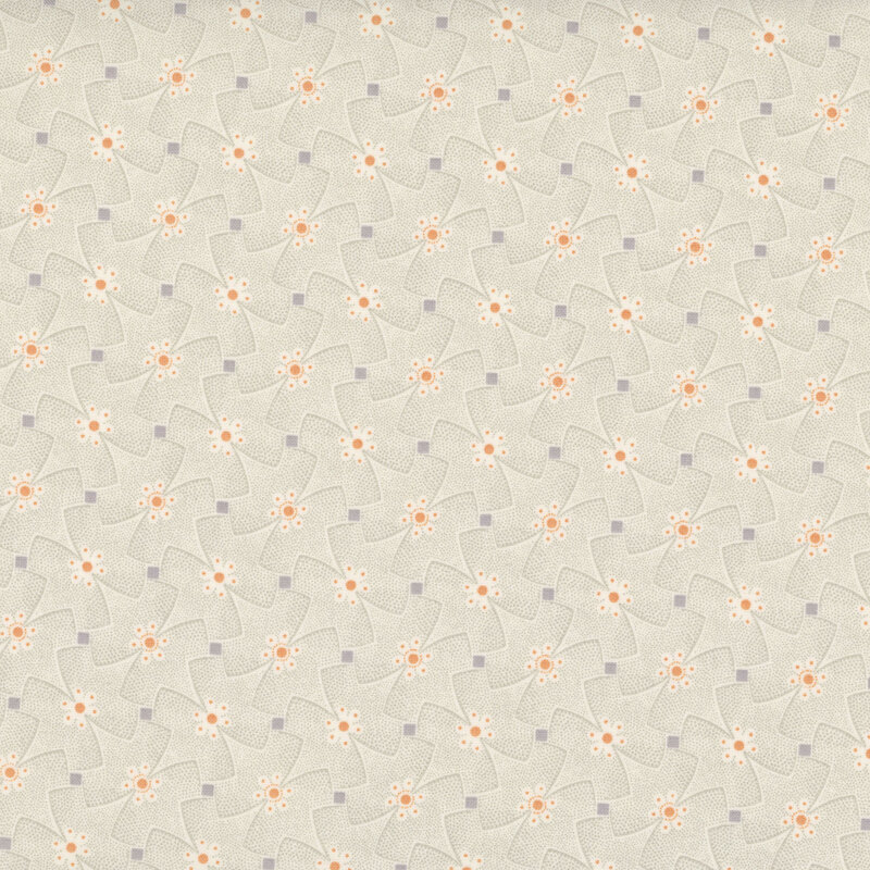 Cream fabric with an abstract floral pattern with geometric elements.