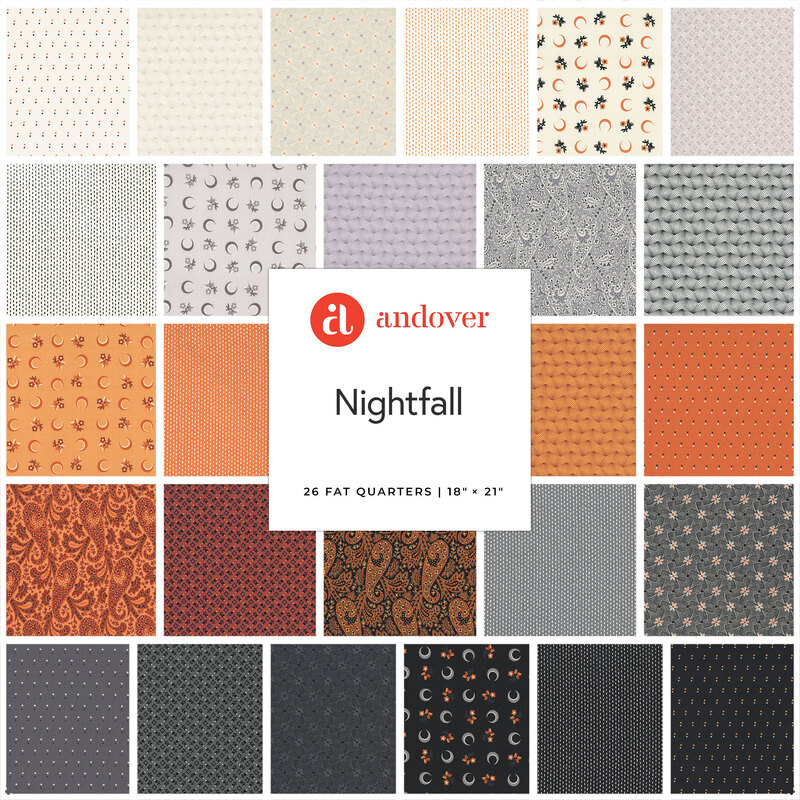 A grid of 26 fabric designs in orange, black, gray, and white, labeled Nightfall by Andover.