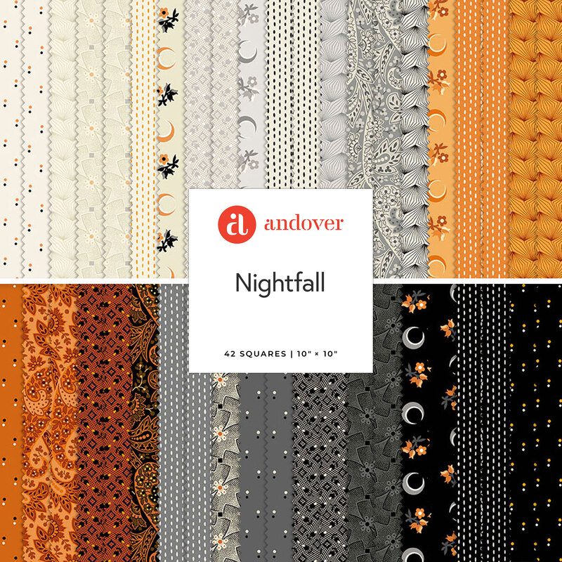 A collection of 42 fabric squares in orange, black, and gray with various patterns, titled Nightfall.