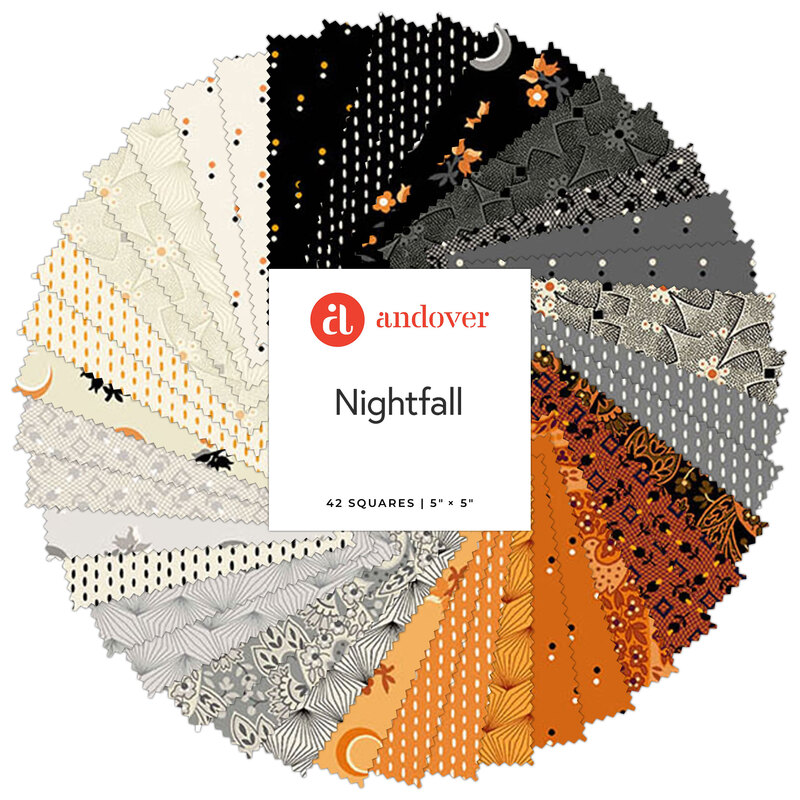 A circular arrangement of fabric squares in black, white, gray, and orange with Autumn themes.