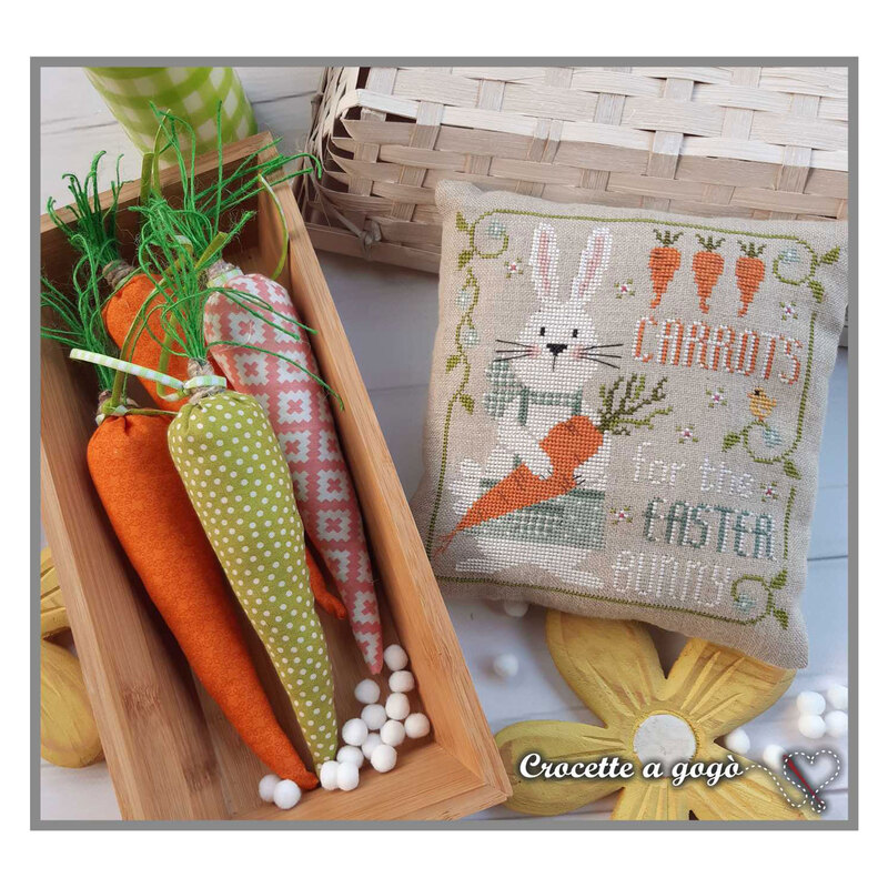 A image of the completed The Little Bunny cross stitch pattern staged with a basket of carrots. 
