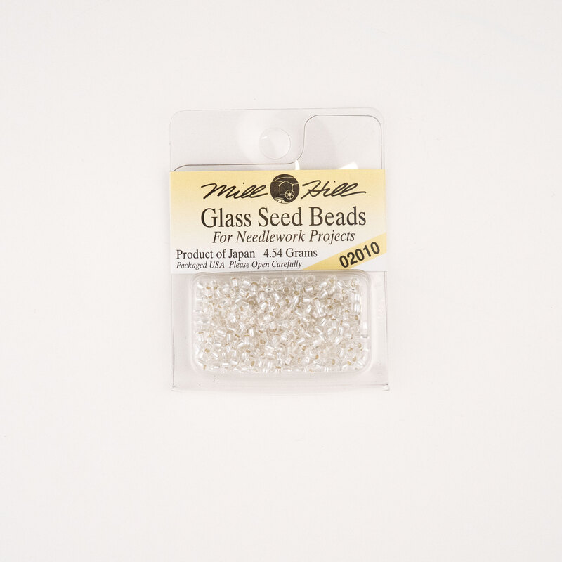 A package of Mill Hill Glass Seed Beads in the color ice. 