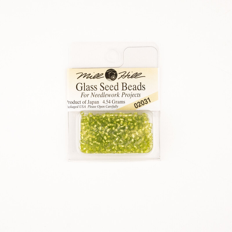 A package of Mill Hill Glass Seed Beads in the color citron. 