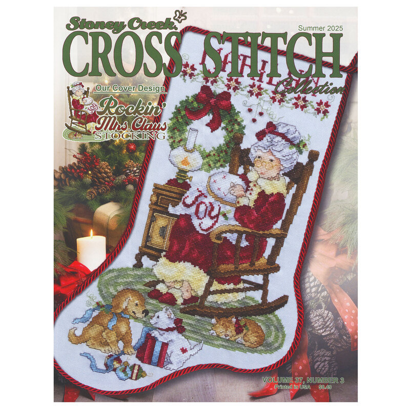Front of cross stitch pattern book showing the main pattern' Rockin' Mrs. Claus stocking finished. 