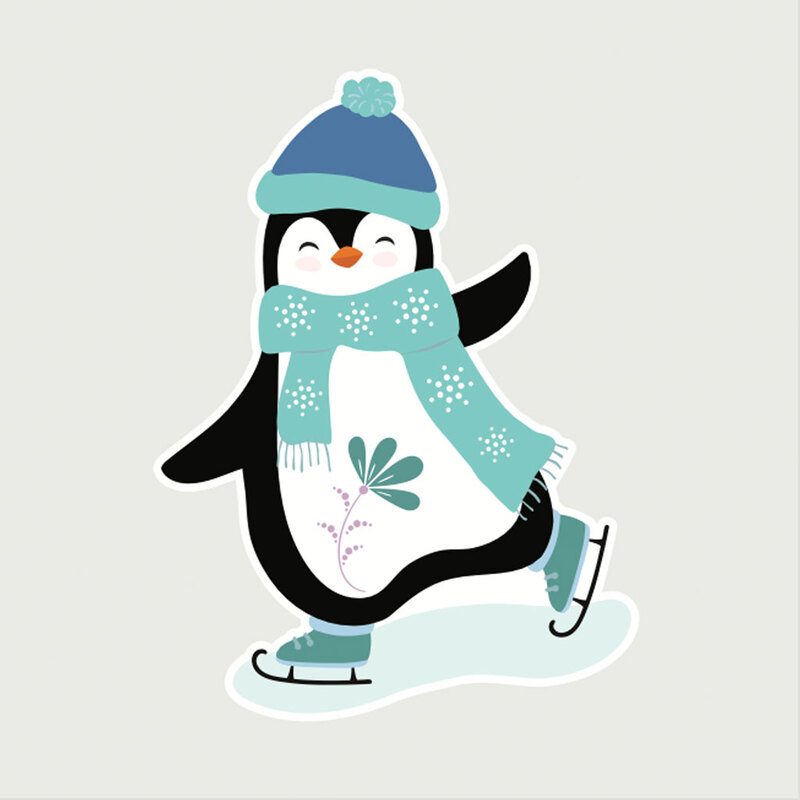 A digital image of a metal needle minder in the shape of a penguin with a scarf and hat ice skating.