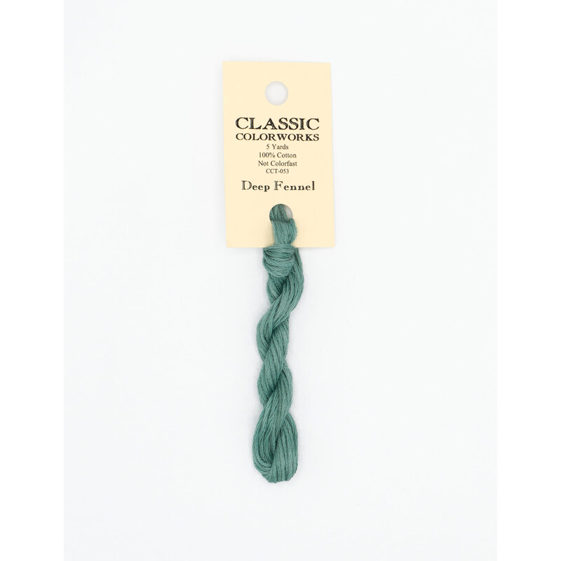 A skein of teal embroidery floss, twisted and bundled, with a cream and black label featuring the brand name and color information.
