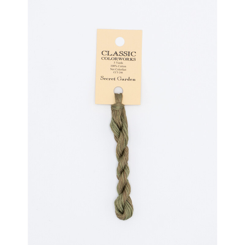 A skein of dark sage embroidery floss, twisted and bundled, with a cream and black label featuring the brand name and color information.