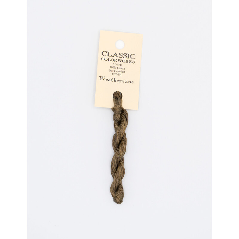 A skein of walnut embroidery floss, twisted and bundled, with a cream and black label featuring the brand name and color information.