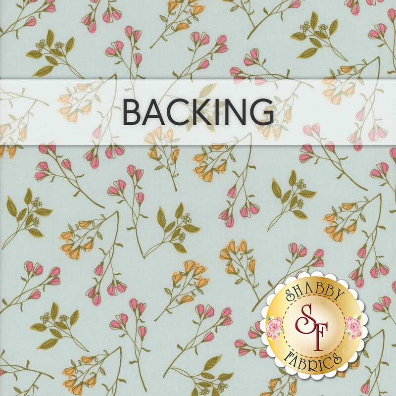 A pale aqua swatch of fabric with tossed green sprigs with yellow and pink flowers. A transparent banner at the top reads "Backing."