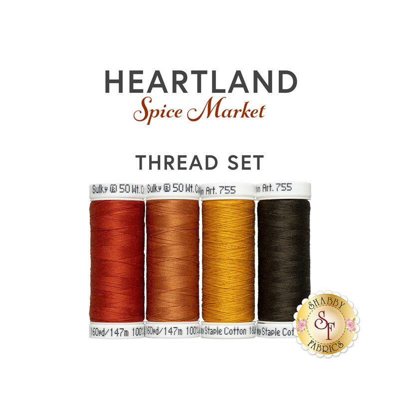 Four piece thread set of red, sienna, gold, and espresso brown threads isolated on a white background below a text graphic.