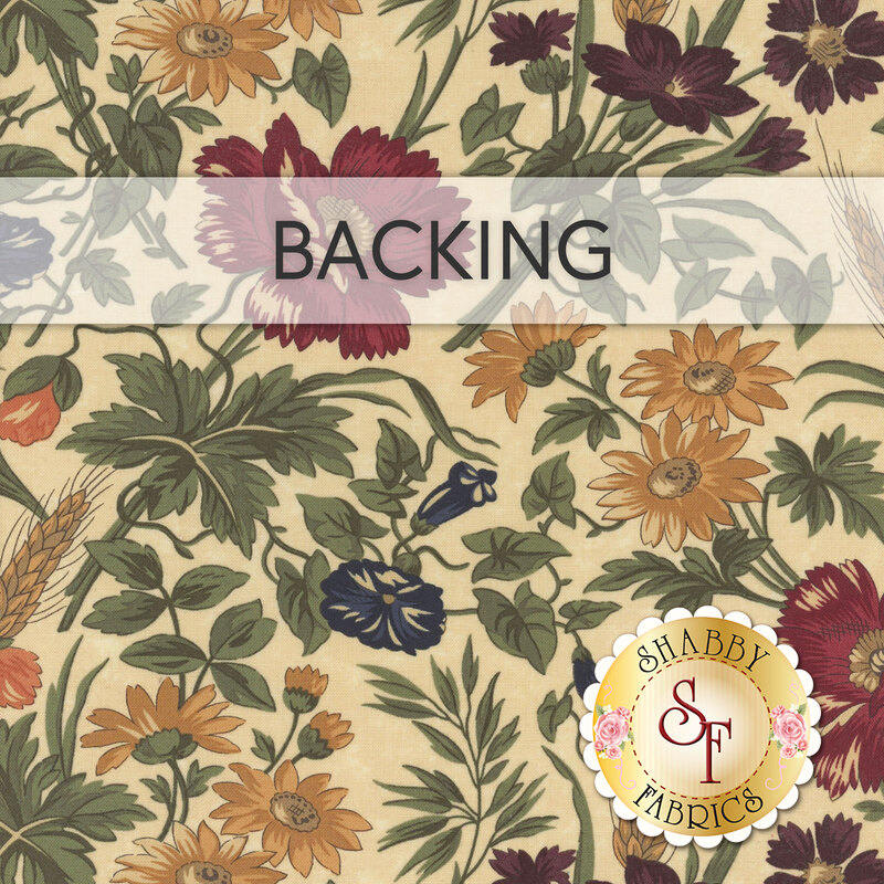 A swatch of tan fabric with large florals in purple, red, yellow, and blue among green leaves. A transparent banner at the top reads 