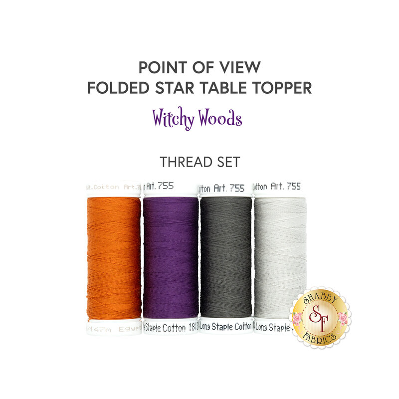 Four spools of thread in orange, purple, gray, and white, underneath a text graphic that reads 