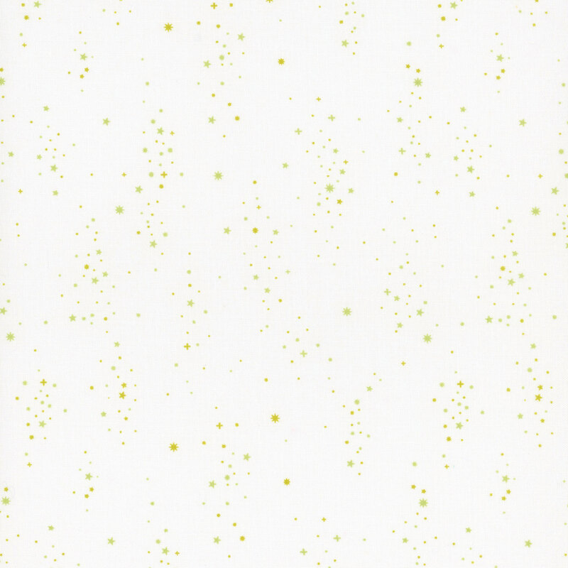 White fabric with a scattered pattern of small green and golden star clusters.