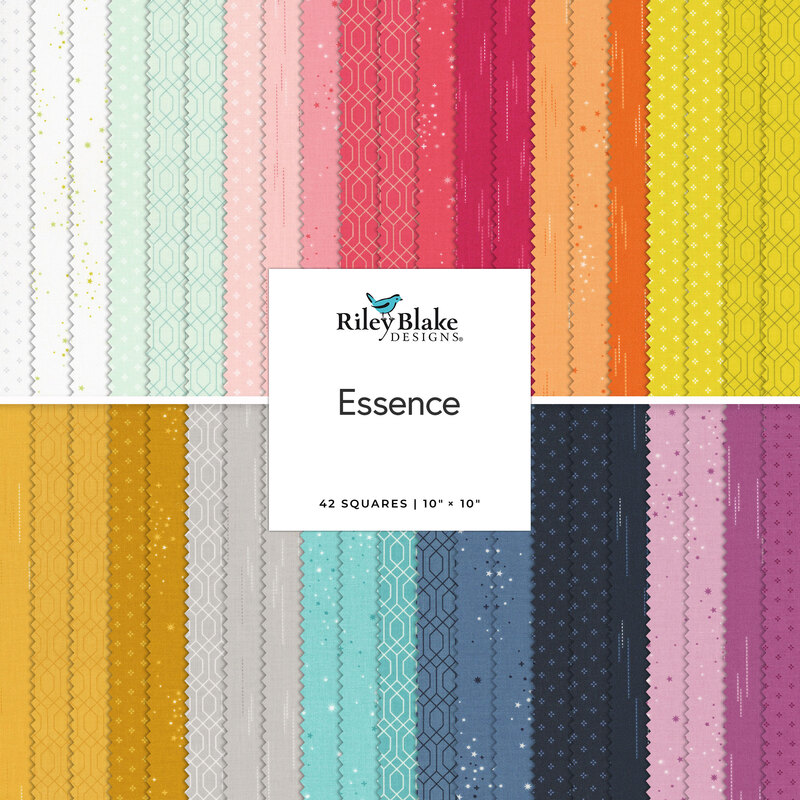 A collection of colorful fabric squares by Riley Blake Designs, featuring various patterns in a grid layout.