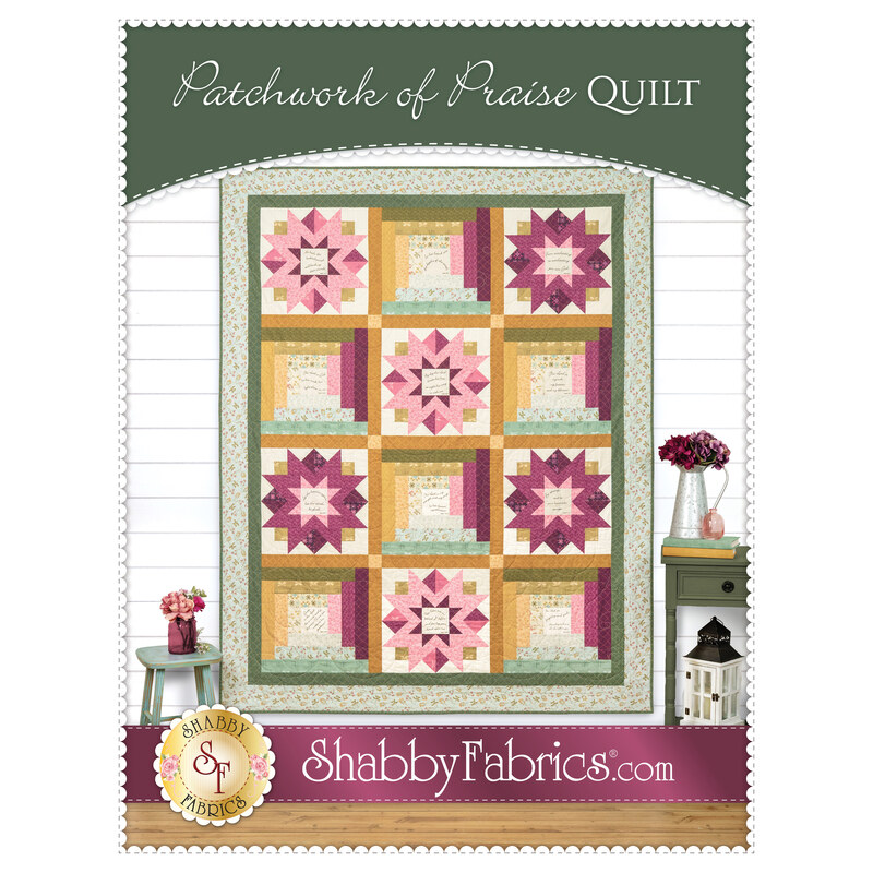 Front cover of the pattern featuring the completed project colored in aqua, evergreen, gold, pink, and magenta fabrics from the Meadow Walk collection by Andover Fabrics, staged on a white wall with coordinating décor and furniture. 