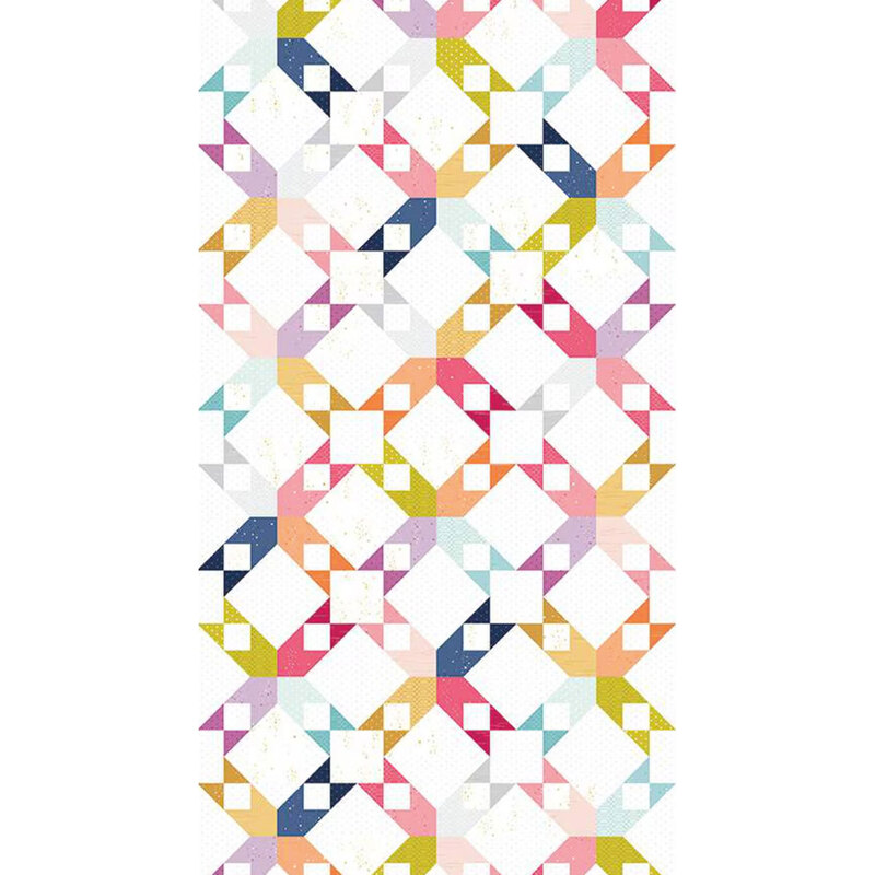 White fabric with a colorful cheater pattern with stars and various geometric designs from the Essence collection.