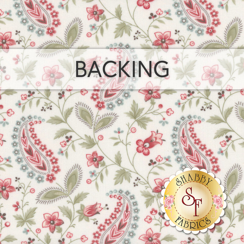 A swatch of cream fabric with floral paisley designs in red, blue, and green. A banner at the top reads 