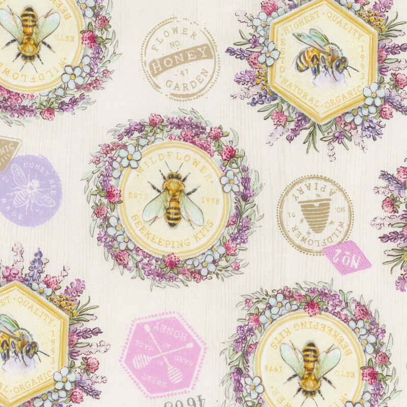 Yellow medallions with large honey bees and floral garlands tossed with vintage inked stamps on a textured white background.