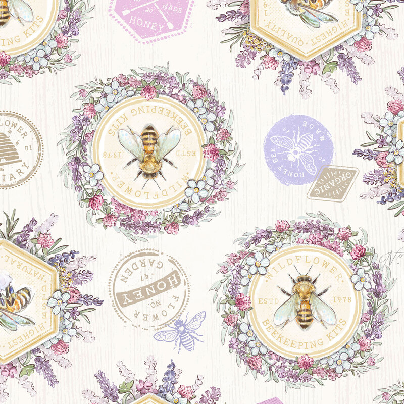 Yellow medallions with large honey bees and floral garlands tossed with vintage inked stamps on a textured white background.