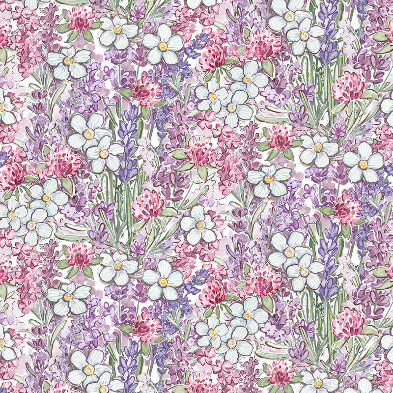 White daisies, purple lavender, and red clovers packed on white fabric.