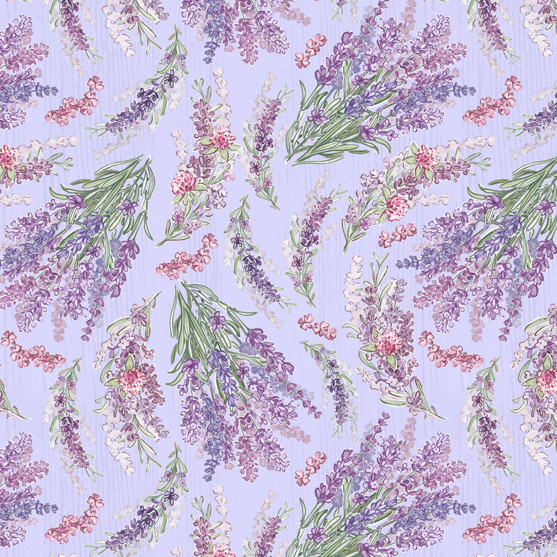 Bundles of fresh purple lavender scattered on a textured lilac background.