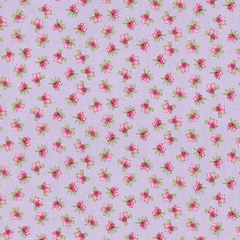 Pink watercolor clovers tossed on a textured light purple background.