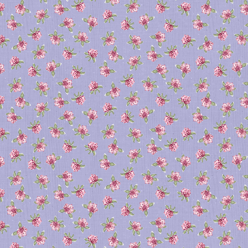 Pink watercolor clovers tossed on a textured light purple background.
