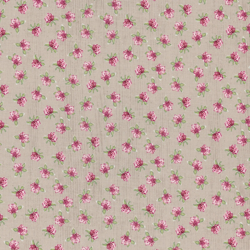 Pink watercolor clovers tossed on a textured faded purple background.