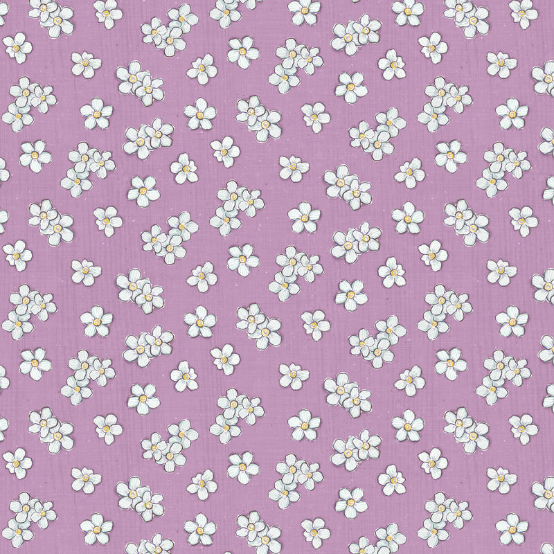 White daisies tossed on a textured light purple background.
