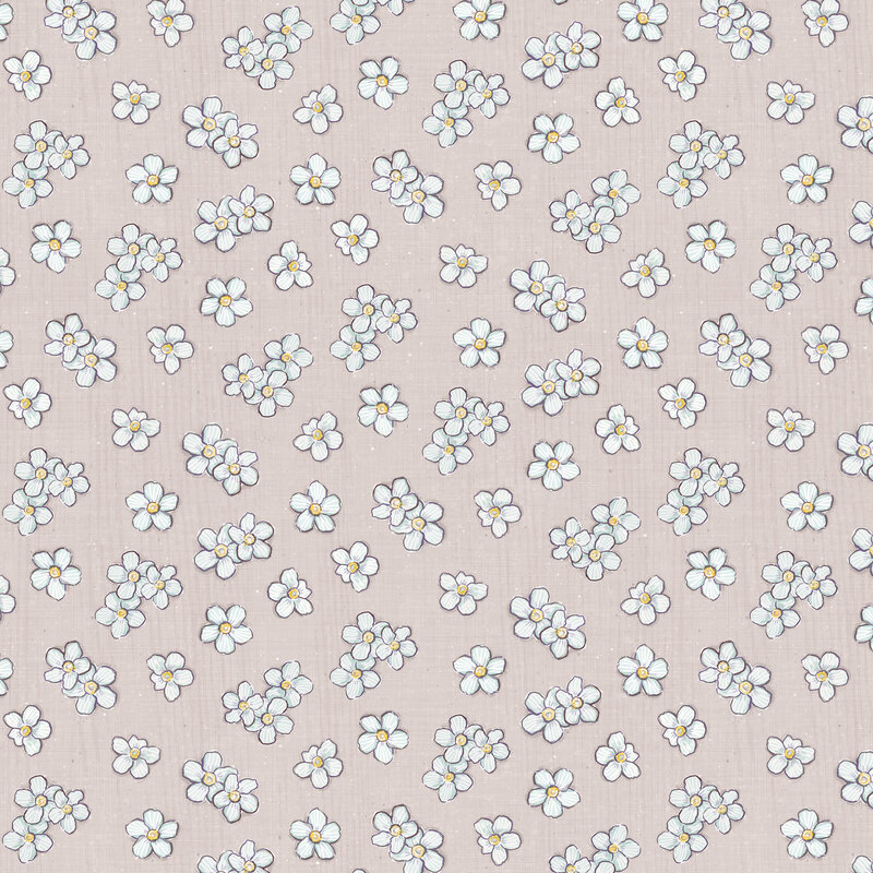 White daisies tossed on a textured faded purple background.