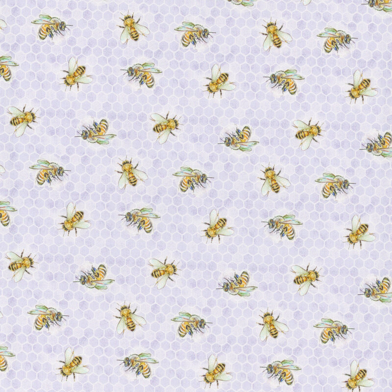 Large honey bees tossed on a background of light purple honeycomb.