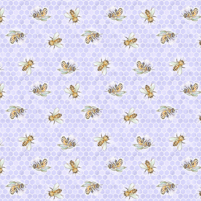 Large honey bees tossed on a background of light purple honeycomb.