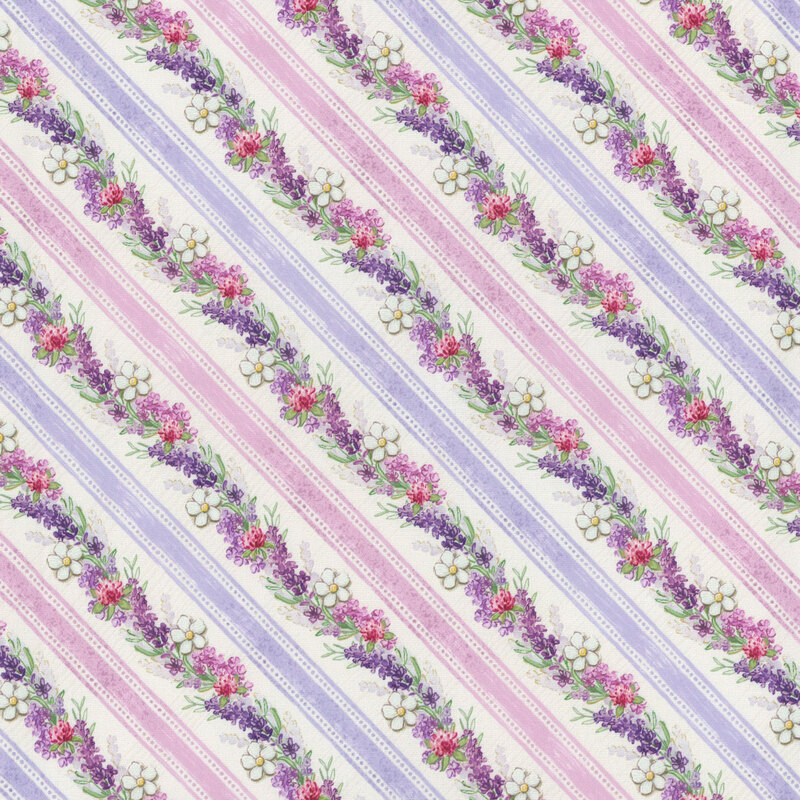 alternating diagonal rows of floral garlands and ticking tape style strips of pink and purple on a textured white background.