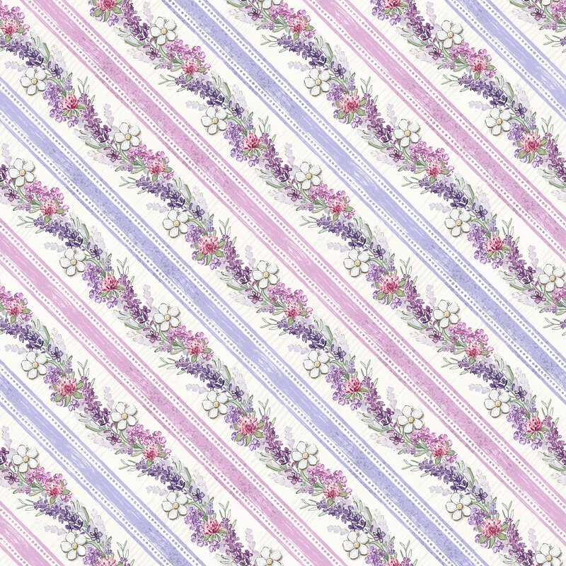 alternating diagonal rows of floral garlands and ticking tape style strips of pink and purple on a textured white background.