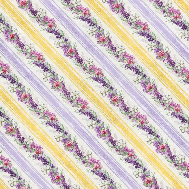 alternating diagonal rows of floral garlands and ticking tape style strips of pink and yellow on a textured white background.
